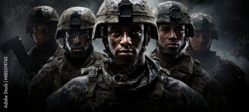 Cinematic Display of Military Strength - Soldiers in Formation, Powerful and Disciplined, Dark Background photo