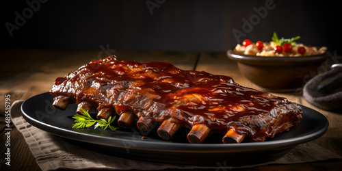 Tender and smoky ribs slathered in barbecue sauce with a side of fries,, Closeup of pork ribs grilled with BBQ sauce and caramelized in honey Generative Ai