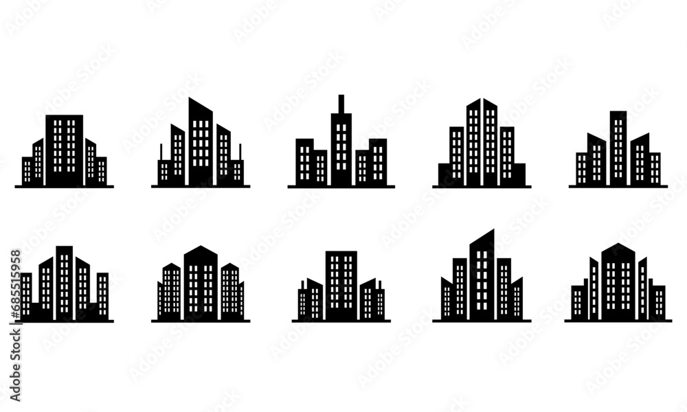 Set of city building silhouette icons, with various building shapes. Suitable for design needs