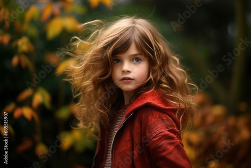Portrait of a beautiful little girl with long curly hair in autumn park