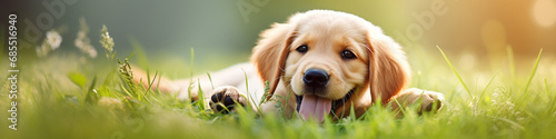 Banner of a happy dog puppy lying in the grass with copy space