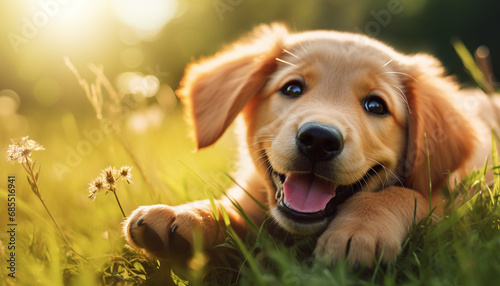 Banner of a happy dog puppy lying in the grass with copy space