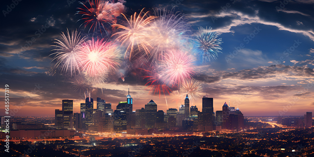 City Lights Ignited A Spectacular Fireworks Display Over the Majestic Skyline,,
Night city skyline illuminated by vibrant colorful firework display Generative Ai