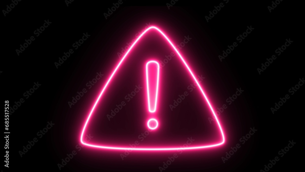 Warning icon pink color neon warning sign on the black background. Neon