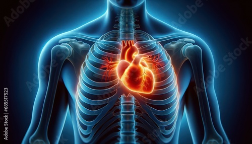 X-ray view of the human chest with a healthy, glowing heart photo