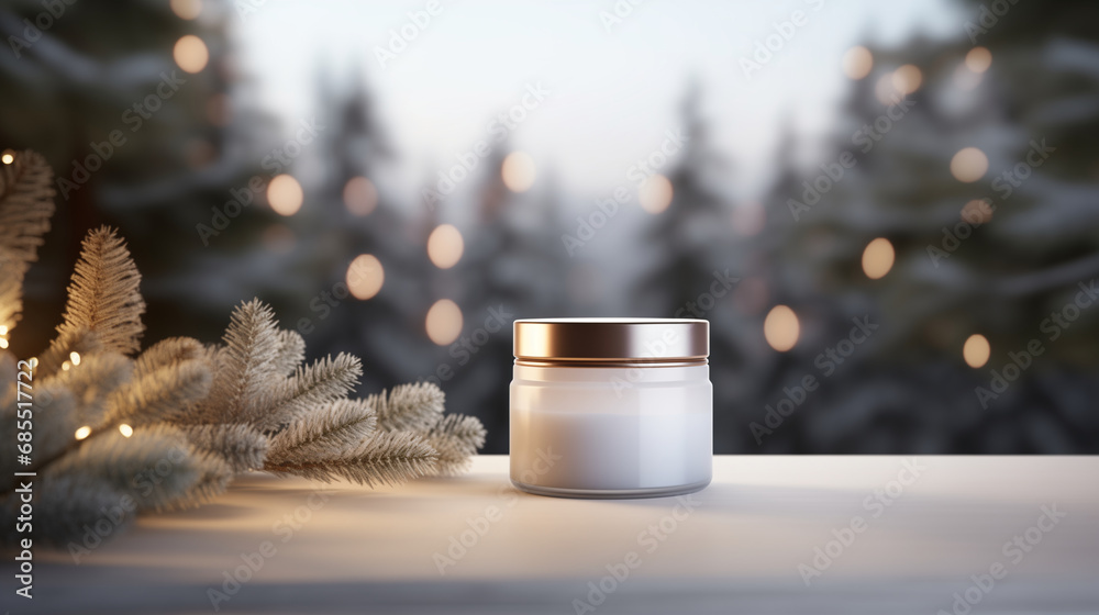 Mock up of skincare jar on white surface. Isolated in Scandinavian interior background with pine tree and lights. Beauty product packaging. Product photography. Holiday, winter celebration. - obrazy, fototapety, plakaty 