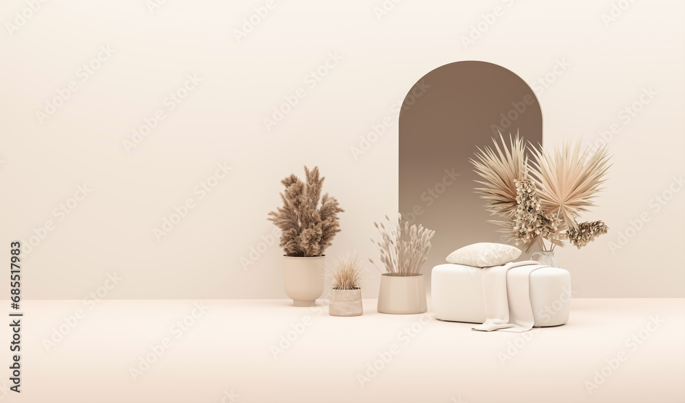 Warm neutral interior wall mockup in soft minimalist living room with rounded beige armchair, wooden side table and dry palm leaf in vase. Illustration, 3d rendering.
 - obrazy, fototapety, plakaty 