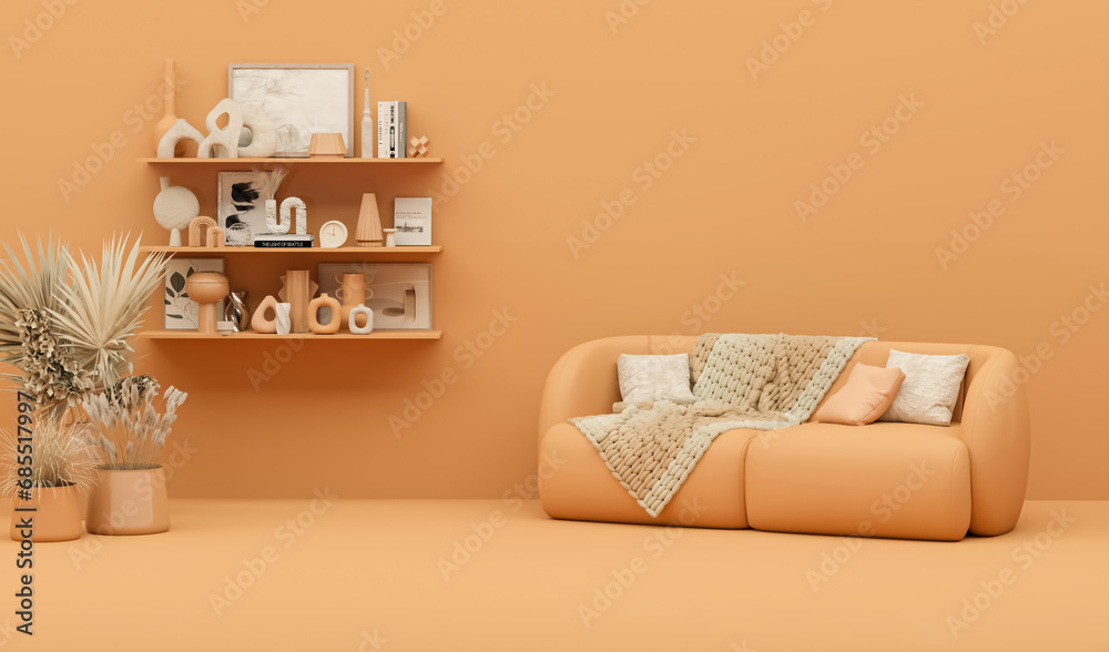 Interior wall mockup in warm tones with beige linen sofa, plaid, dried grass, brass table in living room with decoration on wall, apricot crush color and orange background. 3D rendering, illustration. - obrazy, fototapety, plakaty 