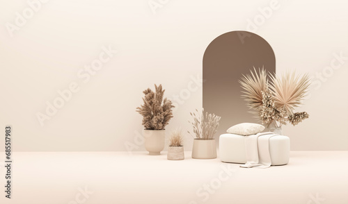 Warm neutral interior wall mockup in soft minimalist living room with rounded beige armchair, wooden side table and dry palm leaf in vase. Illustration, 3d rendering.
 photo