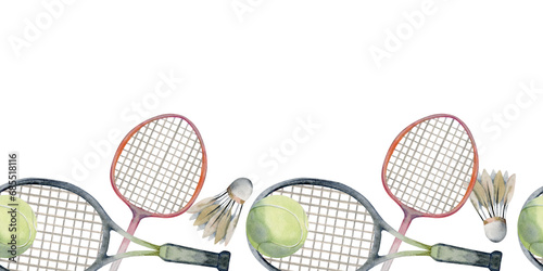 Hand drawn watercolor sports gear equipment, tennis and badminton racquet, ball shuttlecock, fitness. Illustration isolated seamless border white background. Design poster, print, website, card, shop photo