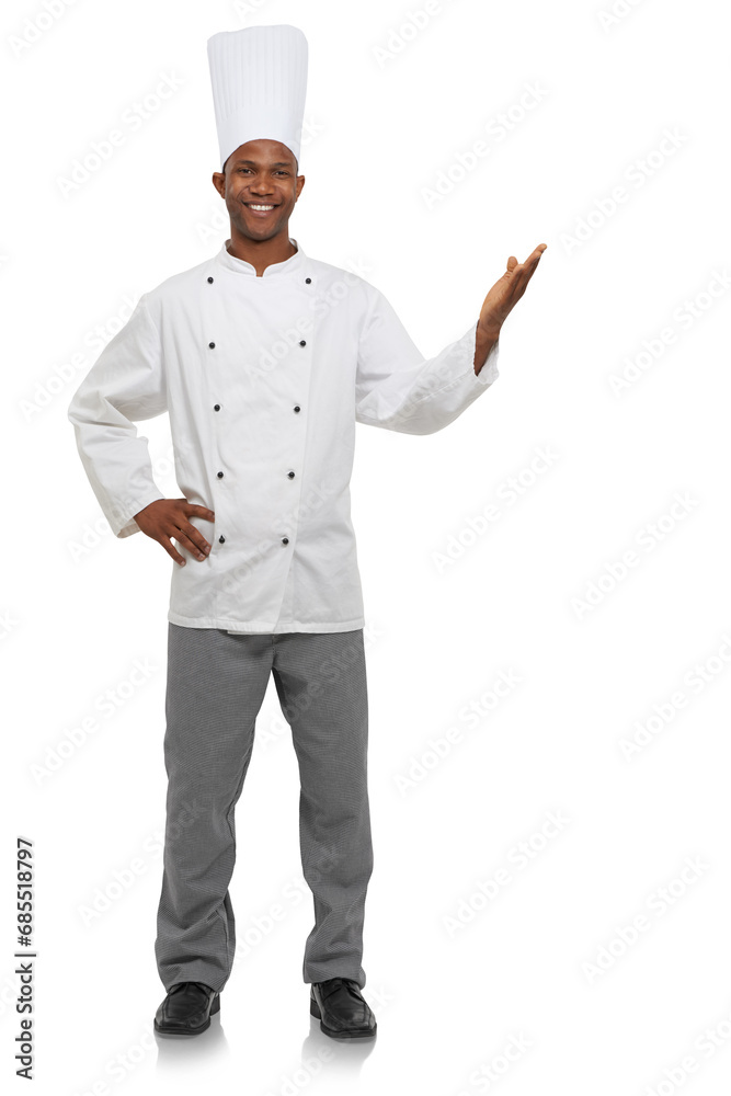 Chef with hand pointing, smile and portrait isolated on transparent png background with menu deal presentation. Fine dining, hospitality or catering with black man, cook or baker for restaurant promo Chef with hand pointing, smile and portrait isolated on transparent png background with menu deal presentation. Fine dining, hospitality or catering with black man, cook or baker for restaurant promo