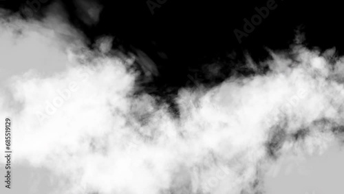 Cloud flying through moving on black background. White cloudscape atmosphere motion graphics animation on black. 3D rendering. photo