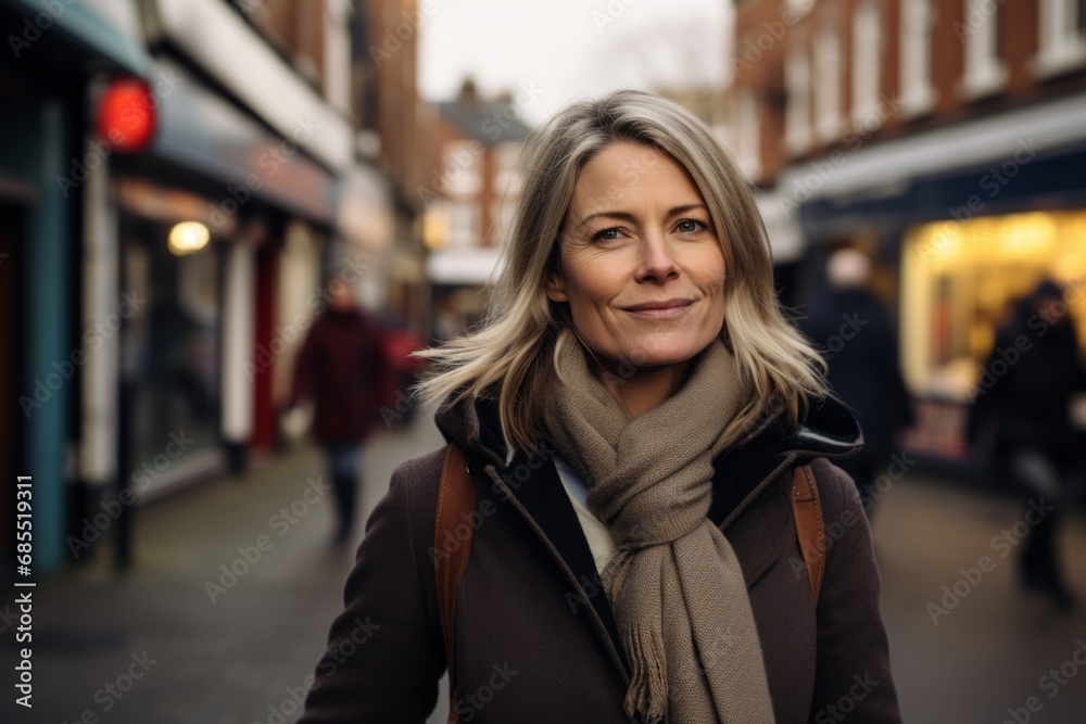 Mature woman walking in the street of London, UK. Shallow depth of field.