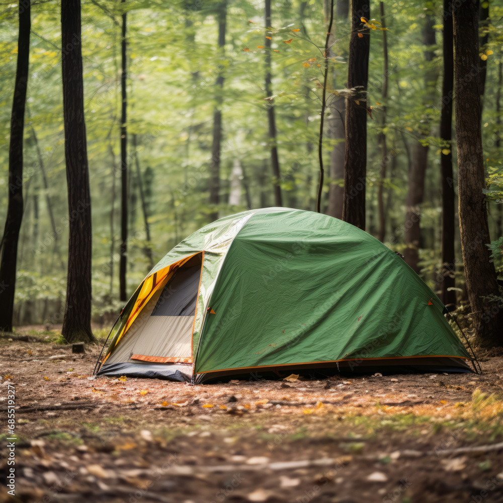 A vibrant camping tent set up in the wilderness, offering a cosy retreat amidst nature.