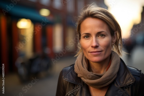 Portrait of a beautiful blond woman in a city at sunset.