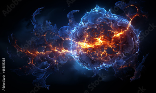 Fiery explosion on dark background. Fantasy fractal texture. 3D rendering.