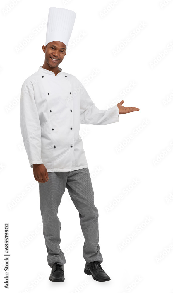 Portrait, man and chef with smile for offer, suggestion or choice with hand in gesture. Black person, cook and presentation for health, nutrition or wellness on isolated or transparent png background Portrait, man and chef with smile for offer, suggestion or choice with hand in gesture. Black person, cook and presentation for health, nutrition or wellness on isolated or transparent png background
