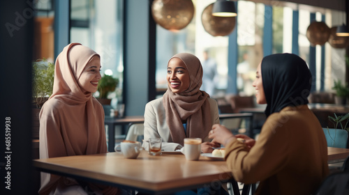 three muslim women having tea at cafeteria photo