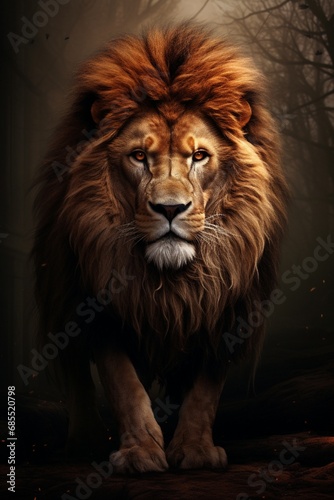 Majestic lion posing regally, its eyes glistening with determination.