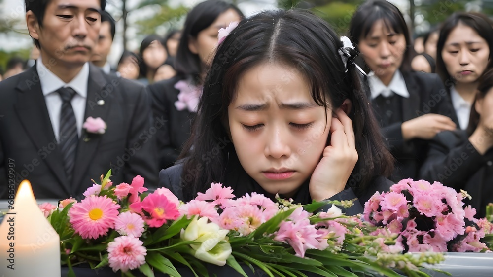 Sad Asian Woman In Funeral Ceremony Background Sad Asian Woman In Funeral Ceremony Background
