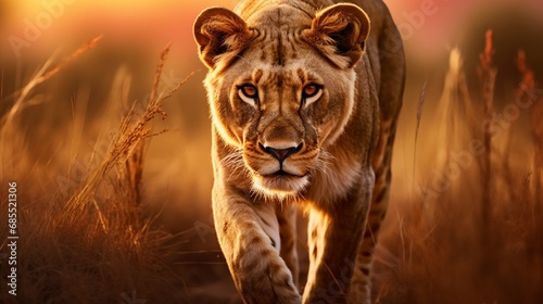 Majestic lioness prowling in the African savannah at sunset, her coat illuminated by the golden light.