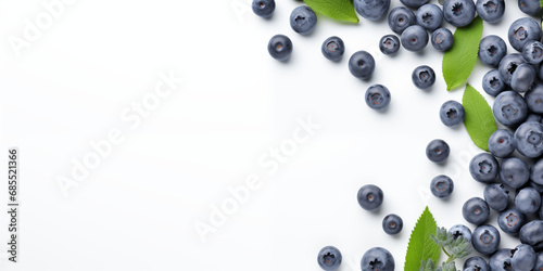 Fresh blueberries with vibrant leaves side frame on a white background. Backdrop, copy space. Flat layout, banner. Healthy vegetarian lifestyle, vitamin organic food