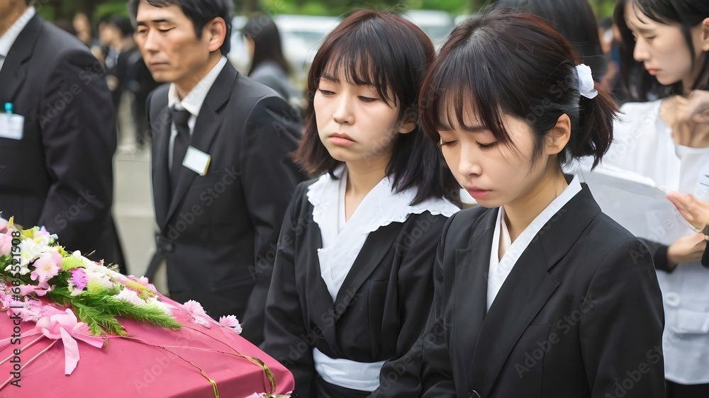 Sad Asian Woman In Funeral Ceremony Background