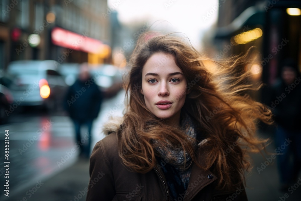 Portrait of beautiful young woman with flying hair in the city.
