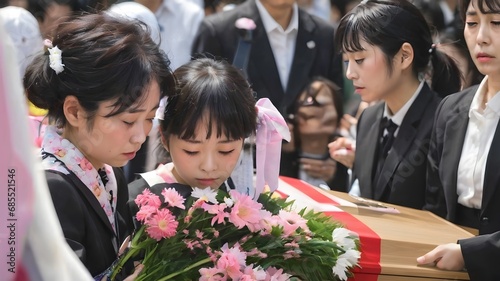 Sad Asian Woman In Funeral Ceremony Background