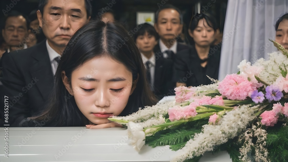 Sad Asian Woman In Funeral Ceremony Background Sad Asian Woman In Funeral Ceremony Background