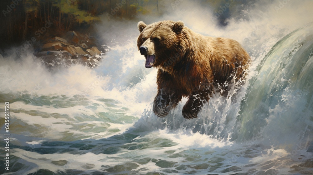 Mighty grizzly bear standing on a rushing waterfall, poised to catch leaping salmon in its powerful jaws. - obrazy, fototapety, plakaty 