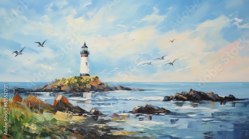 painting of a lighthouse with a blue sky and seagulls flying around