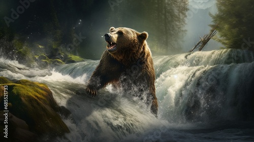 Mighty grizzly bear standing on a rushing waterfall, poised to catch leaping salmon in its powerful jaws.