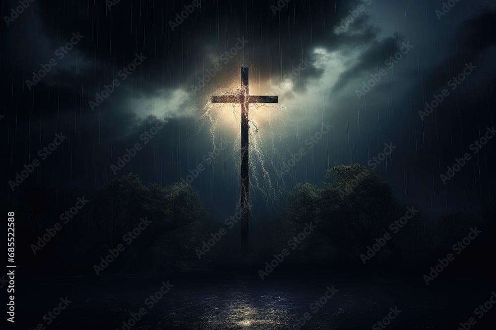 Naklejka premium Cross in the dark with stormy sky