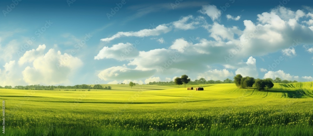 Obraz premium The lush green meadow is adorned with tall trees and healthy grass, creating a picturesque landscape surrounding the expansive farm where agriculture thrives with vast fields of crops. As the