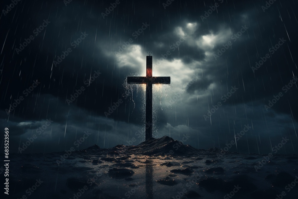 Naklejka premium Cross in the dark with stormy sky