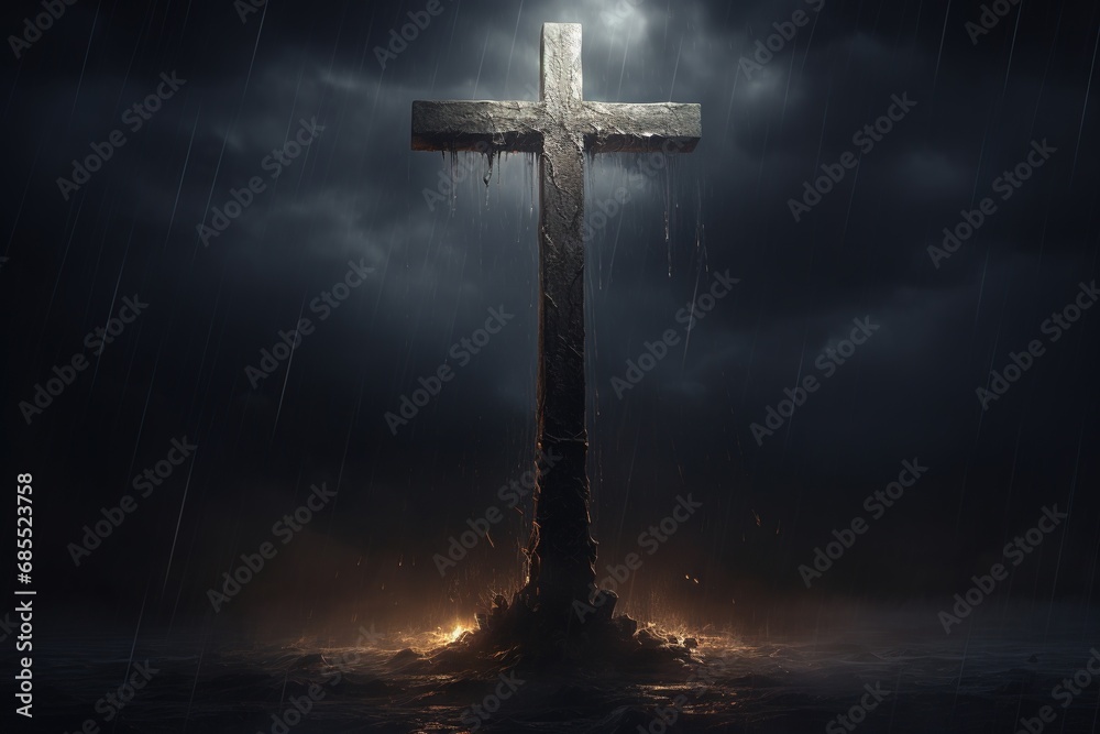 Naklejka premium Cross in the dark with stormy sky