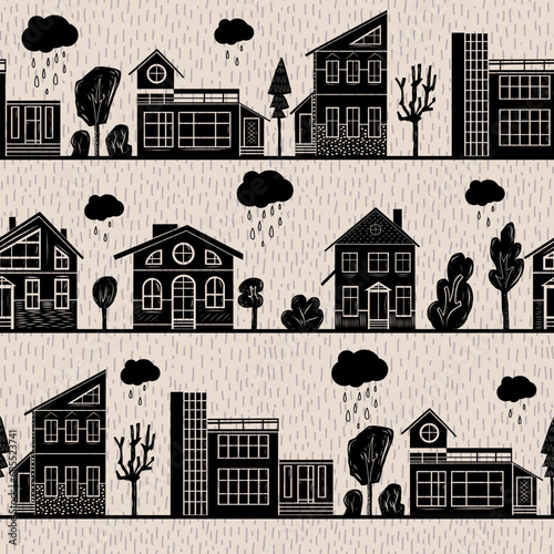 Domestic home and trees hand carved linocut seamless pattern on rainy background. Collection of folk art style rural houses and woodland clip art.