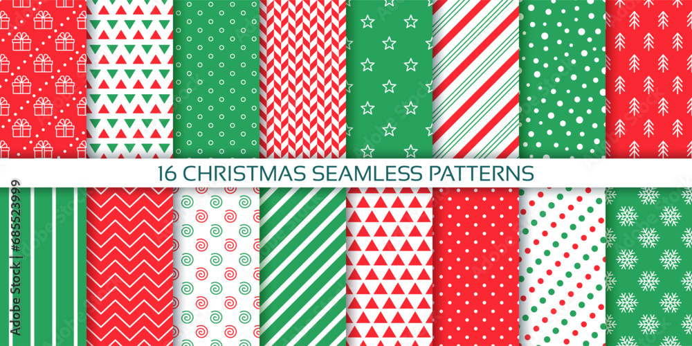 Christmas seamless pattern. Holiday background. Xmas red green textures polka dot, with zigzag, candy cane stripes, stars. Set of retro scrapbook prints. New year wrapping paper. Vector illustration