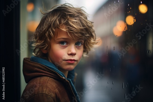 Portrait of a boy on the background of a rainy street.