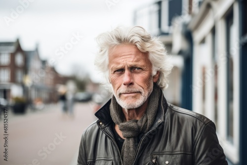 Portrait of a senior man with grey hair and beard wearing a black leather jacket in the city.