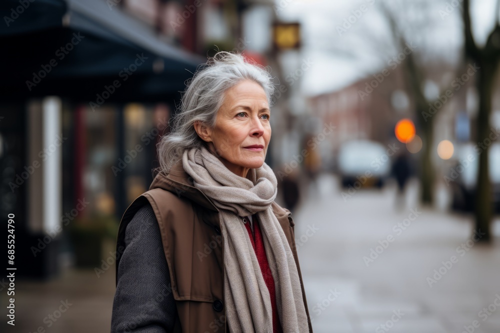 Portrait of senior woman walking on city street at cold winter day