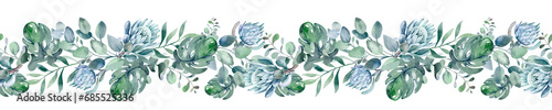 Watercolor tropical seamless border on isolated background. African protea flower evergreen shrub. Eucalyptus botanical ornament.