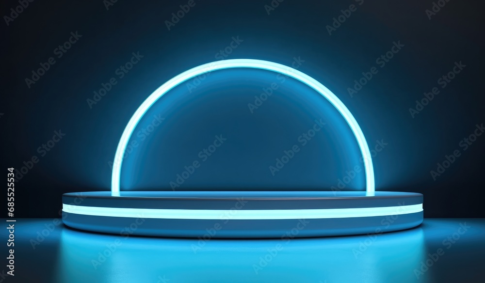 Empty blue podium floating in the air with blue neon ring on background. Empty blue podium floating in the air with blue neon ring on background.