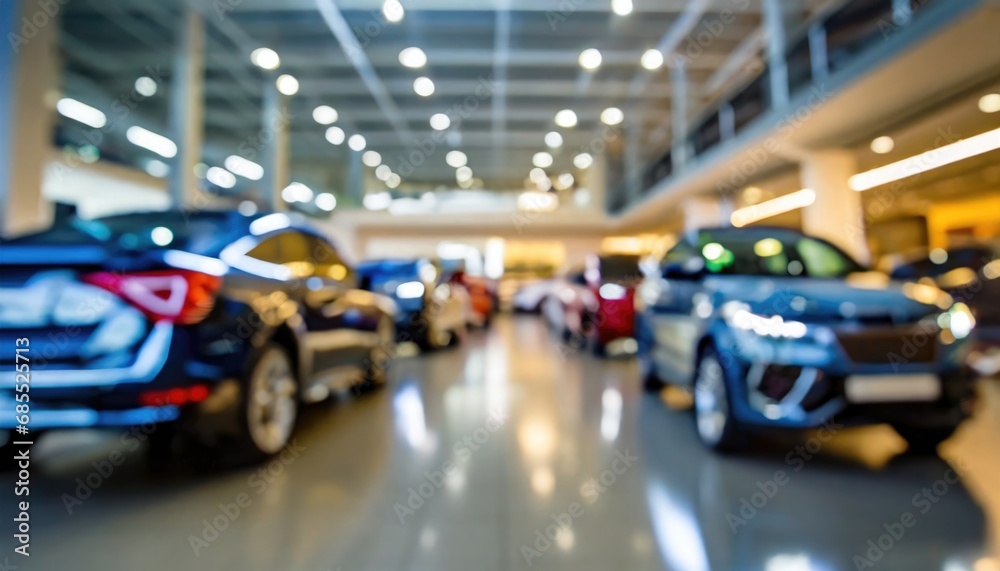 background of blurred new cars dealership salon