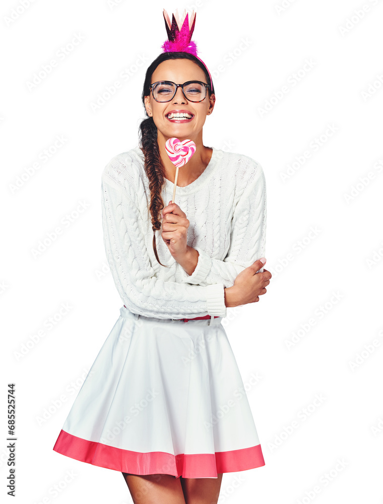 Portrait, heart and woman with tiara, lollipop and isolated on a transparent png background. Glasses, candy and princess in crown love eating dessert, sweets or sugar food, fashion and valentines day Portrait, heart and woman with tiara, lollipop and isolated on a transparent png background. Glasses, candy and princess in crown love eating dessert, sweets or sugar food, fashion and valentines day