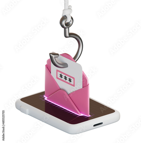 3d hacker Phishing Scam with mail mobile, message and fishing hook isolated on transparent background