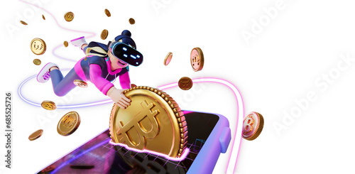 3d woman wearing vr pulls out or receives profit bitcoin coins from mobile phone on transparent background