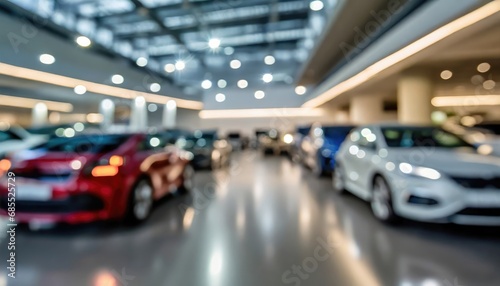 background of blurred new cars dealership salon