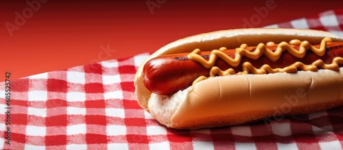 Two hot dogs seen on a red checkered napkin from a close distance. photo